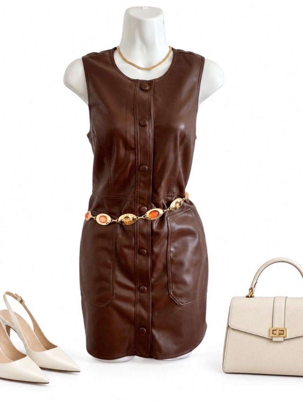 House of Harlow 1960 Brown Faux Leather Mini Dress XS